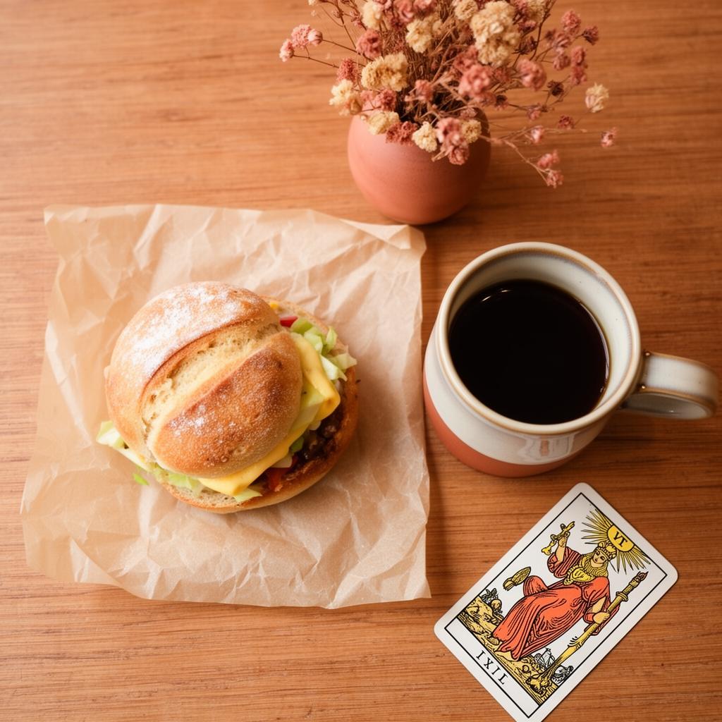Breakfast sandwich, black coffee, and a tarot card on a wooden table