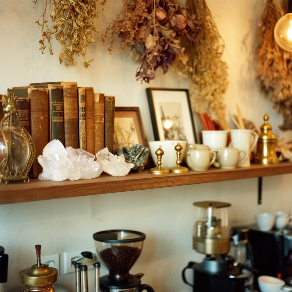 A shelf of vintage books, crystals, dried botanicals, and ceramic mugs inside Moonlight Cafe