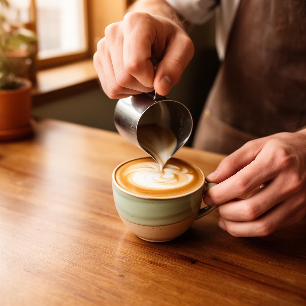 Barista pouring latte art into a ceramic cup